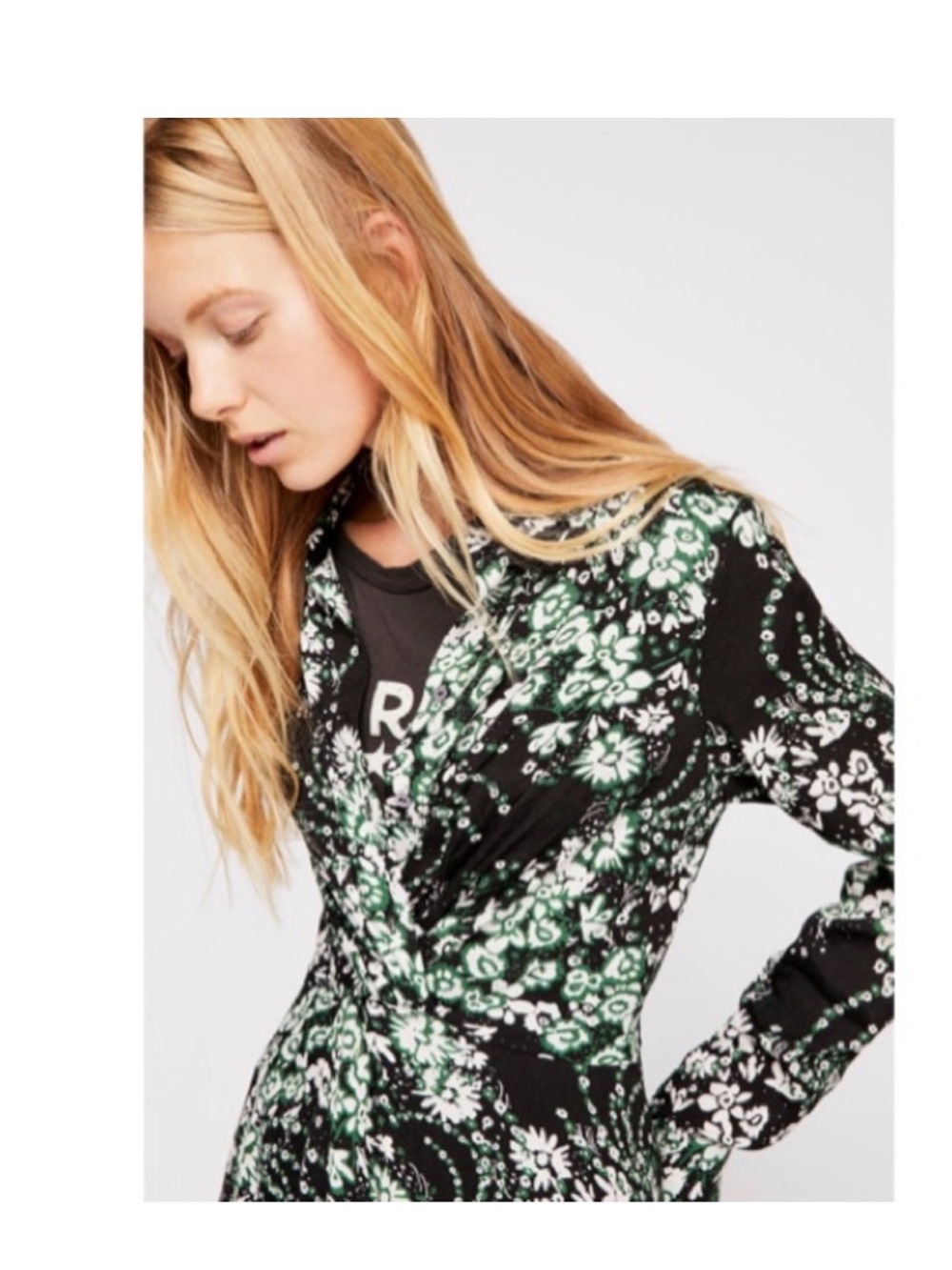 Freepeople Floral Twist-Front Long Sleeve Dress in Black & Green
